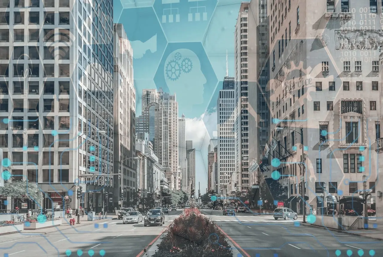 A bustling Chicago street with buildings and traffic lights reflects how the growth of the tech industry is reshaping Chicago’s economy.