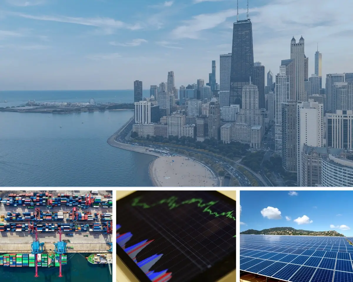 Fastest growing industries in Chicago 2025 — Chicago skyline with a warehouse, outpatient clinic and solar panels.